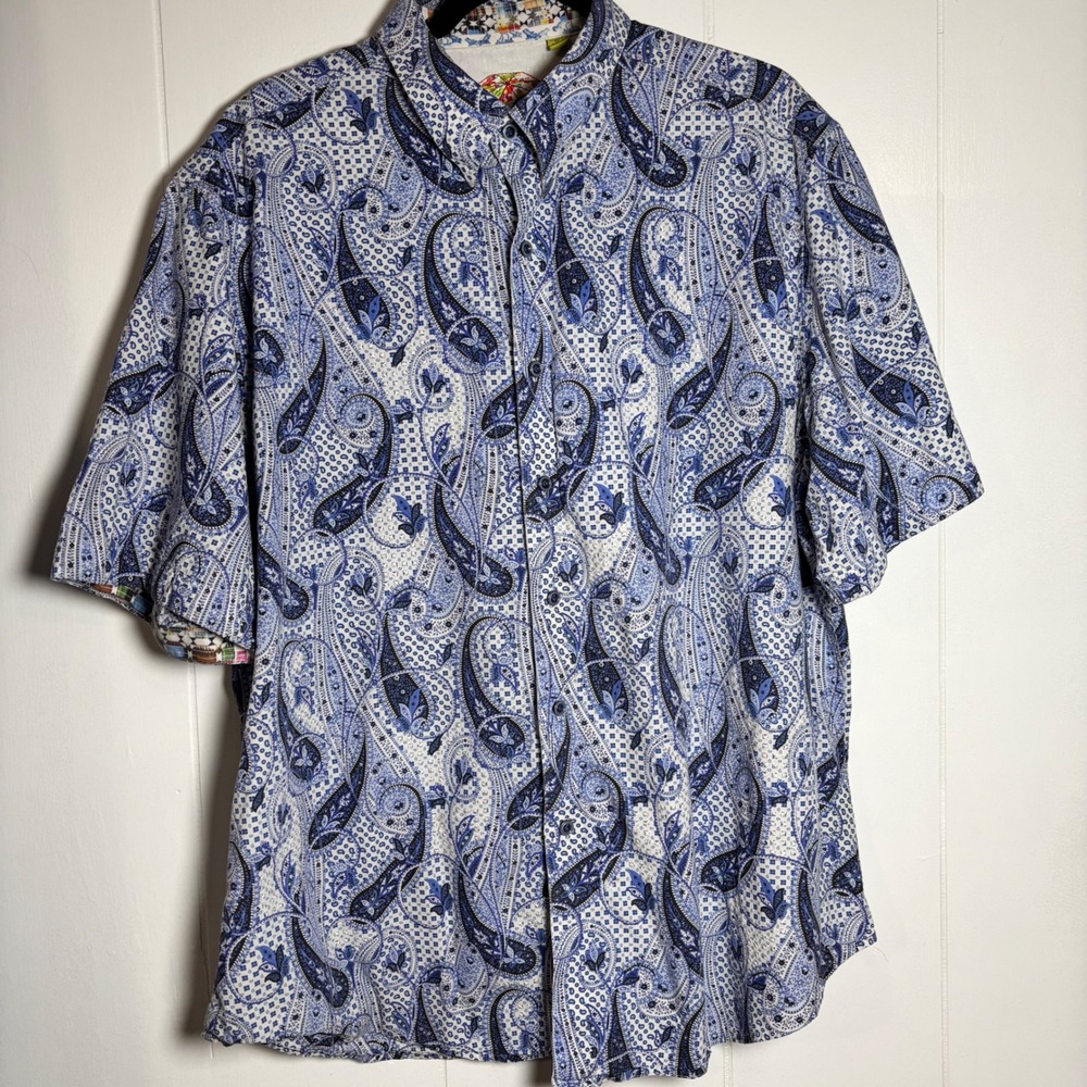 Robert Graham 2XL Blue Paisley Short‎ Sleeve Button Down Classic Fit Maximalist
